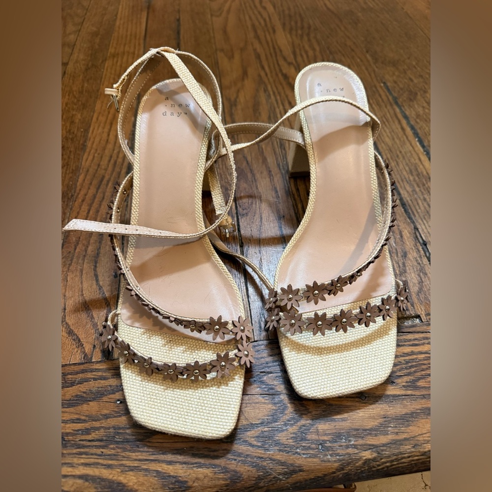 a new day Beige Floral Strappy Block Heel Sandals